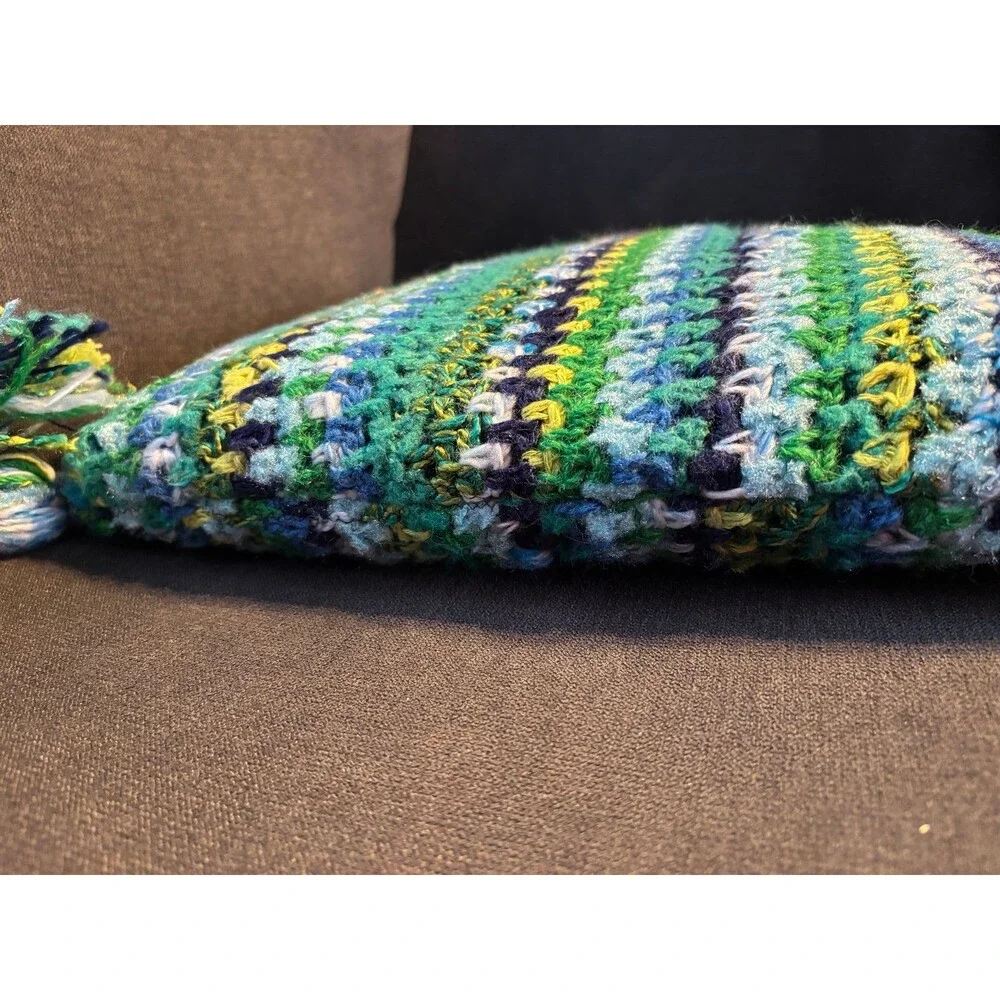 Handmade crochet throw pillow stripes tassels grannycore boho vintage blue green